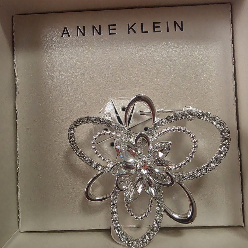 Anne Klein Silver and Crystal Floral Brooch
